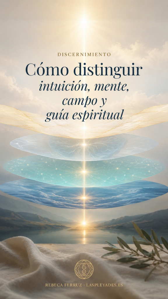 Imagen abstracta con capas de luz suave en tonos azul profundo, turquesa y dorado. Representa distintas capas de percepción convergiendo hacia un centro claro. Portada del artículo sobre discernimiento espiritual de Frecuencia ADN Azul.