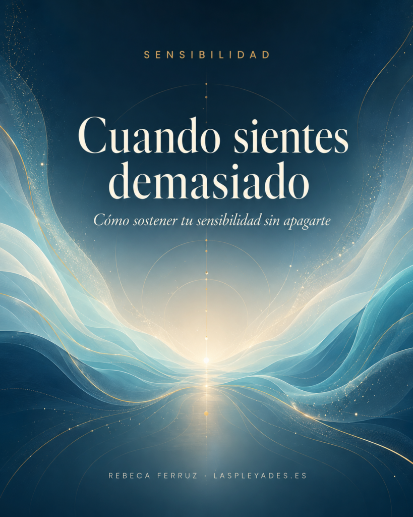 Imagen abstracta con ondas suaves de luz y partículas finas en tonos azul profundo, turquesa y marfil que convergen hacia un centro sereno. Representa sensibilidad ordenada. Portada del artículo sobre sensibilidad de Frecuencia ADN Azul.