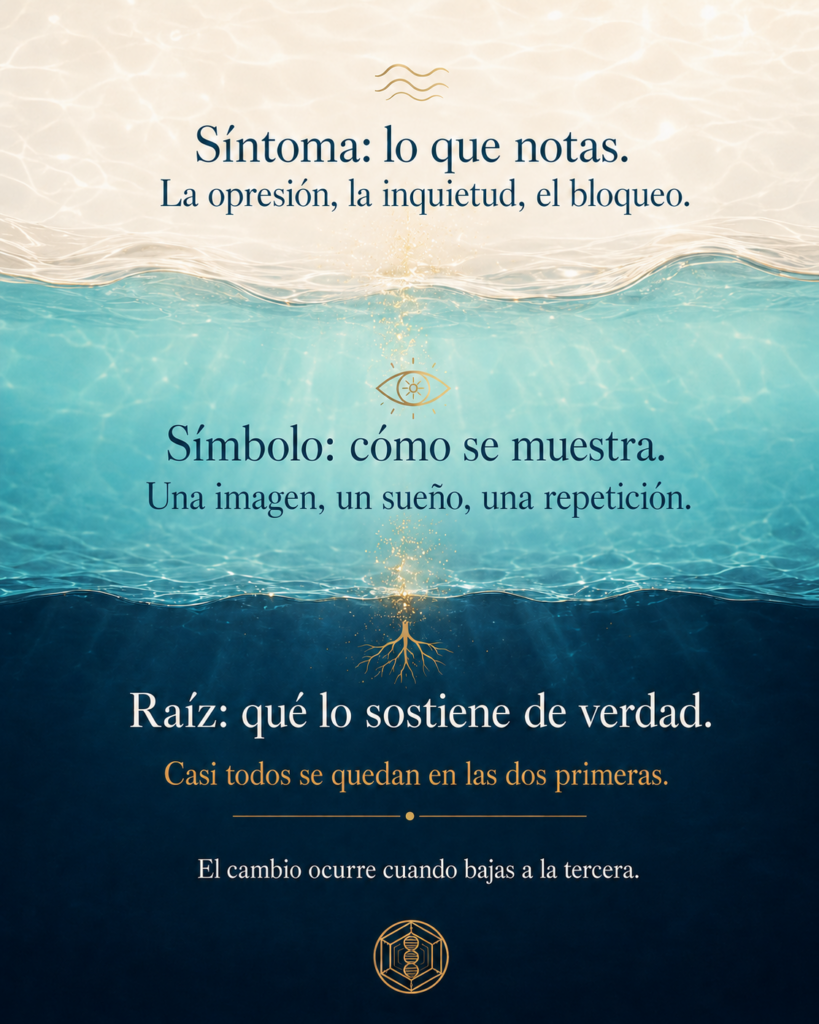 Gráfico en tonos azules y dorados con un hilo de luz que desciende y se ramifica como una raíz; muestra tres niveles etiquetados, síntoma arriba, símbolo en el centro y raíz abajo, e ilustra cómo ir a la raíz de lo que sientes.