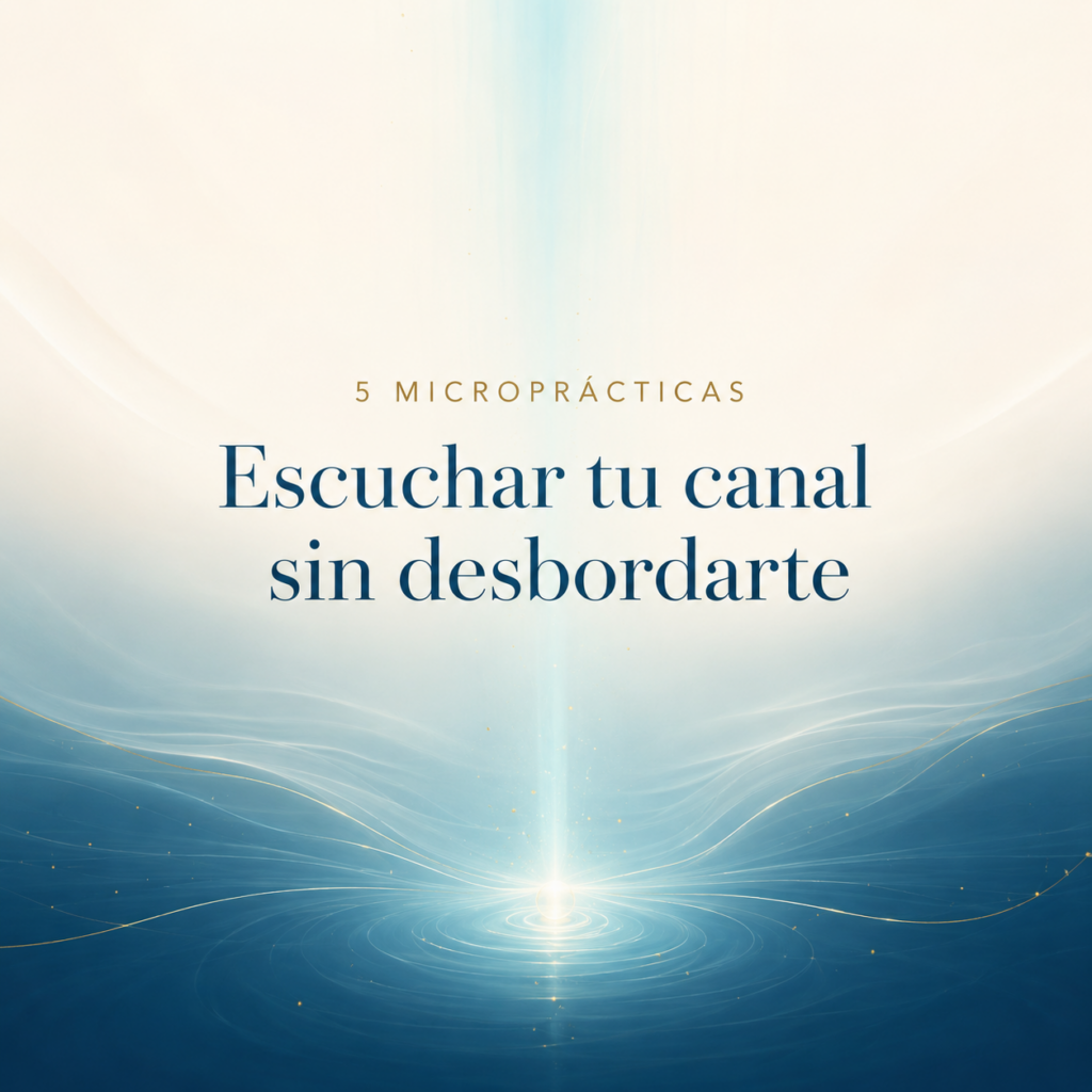 Imagen cuadrada en tonos marfil y azul profundo. Una luz suave turquesa desciende desde la parte superior y converge en un pequeño centro luminoso y sereno, rodeado de ondas delicadas y finas partículas doradas. Sobre la imagen se lee el texto: «5 microprácticas · Escuchar tu canal sin desbordarte».