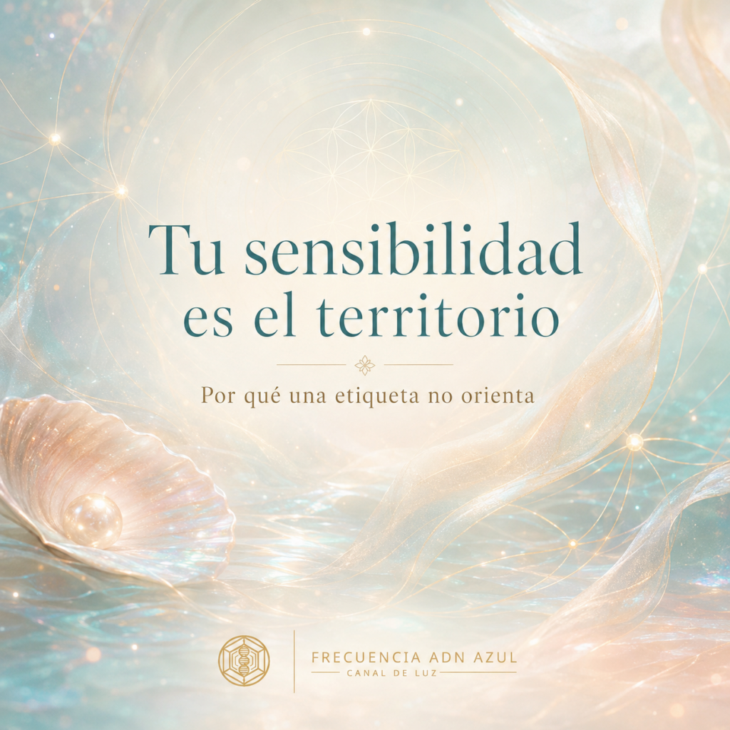 Ilustración etérea en tonos turquesa, melocotón y dorado con una concha nacarada y geometría sagrada. Texto: "Tu sensibilidad es el territorio. Por qué una etiqueta no orienta".