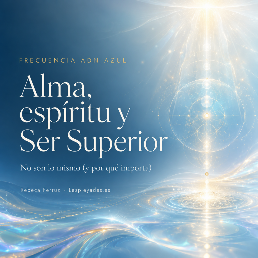 Fondo abstracto luminoso en tonos azul ADN, turquesa y dorado con reflejos iridiscentes, con el título "Alma, espíritu y Ser Superior: no son lo mismo" — Frecuencia ADN Azul.